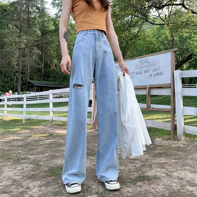 Women's Wide leg Jeans Light Color Hole Nine Points - Shop at LoveMi