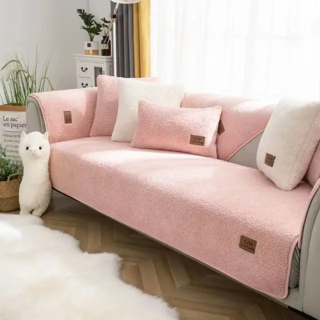 Lambswool Sofa Non slip Plush Thickened Cushion Cover Towel Cashmere Warm Powder - Shop at LoveMi