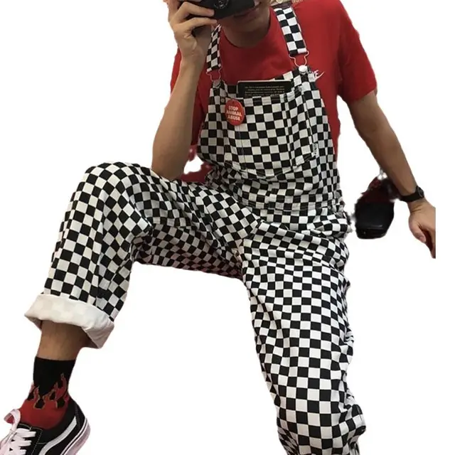 Black white Checkerboard Plaid Loose Suspender Long Pants Black And White Plaid - Shop at LoveMi