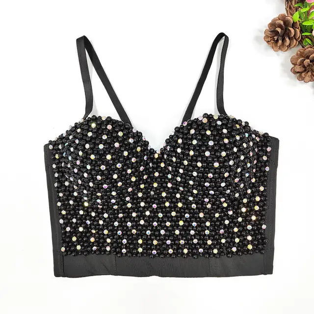 Women's Short Shaping Fishbone Top Pearl Suspender Vest Black Beads Ab Diamond - Shop at LoveMi