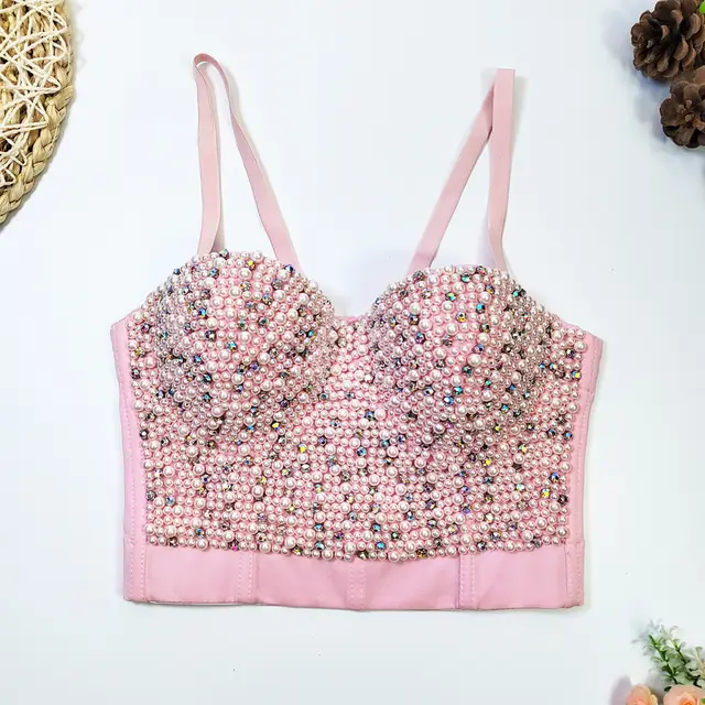 Women's Short Shaping Fishbone Top Pearl Suspender Vest Pink - Shop at LoveMi