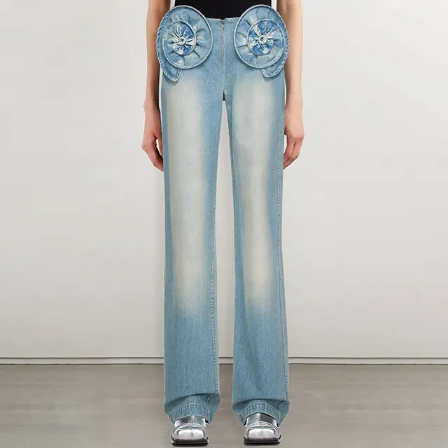 Design Stitching Three dimensional Decoration Narrow High Waist Wide leg Straight Pants Blue - Shop at LoveMi