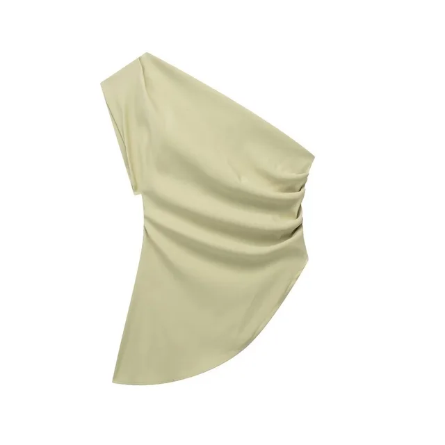 European And American Style Diagonal Collar Single Shoulder Solid Color Pleated Asymmetric Vest Green - Shop at LoveMi