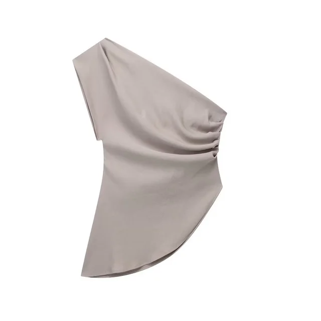 European And American Style Diagonal Collar Single Shoulder Solid Color Pleated Asymmetric Vest Khaki - Shop at LoveMi