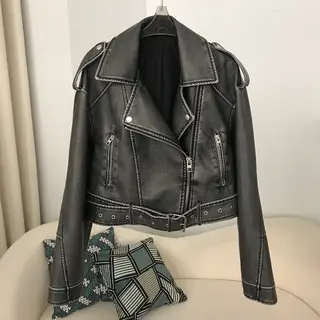 Spring And Autumn Women's Two-color Washed Leather Worn Motorcycle European And American Style Jacket Leather Coat Coat - Gray