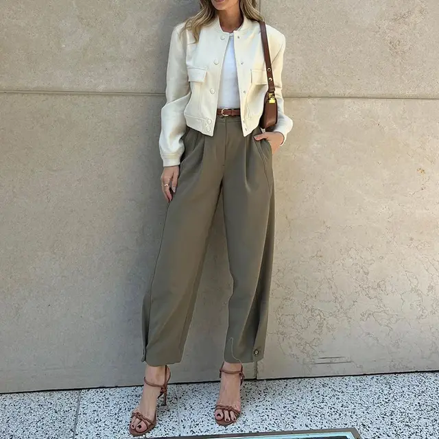 Women's Fashion Solid Color Loose Suit Pants Army Green - Shop at LoveMi