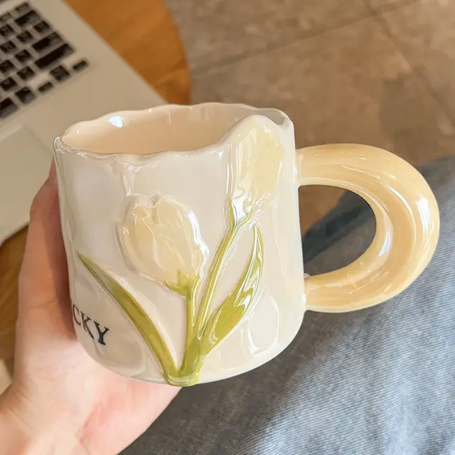 Creative Tulip Ceramic Cute High Appearance Gift Couple Coffee Mug Light Yellow - Shop at LoveMi