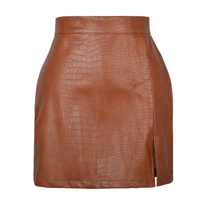 Fashionable With Side slit PU Leather Skirt Khaki - Shop at LoveMi