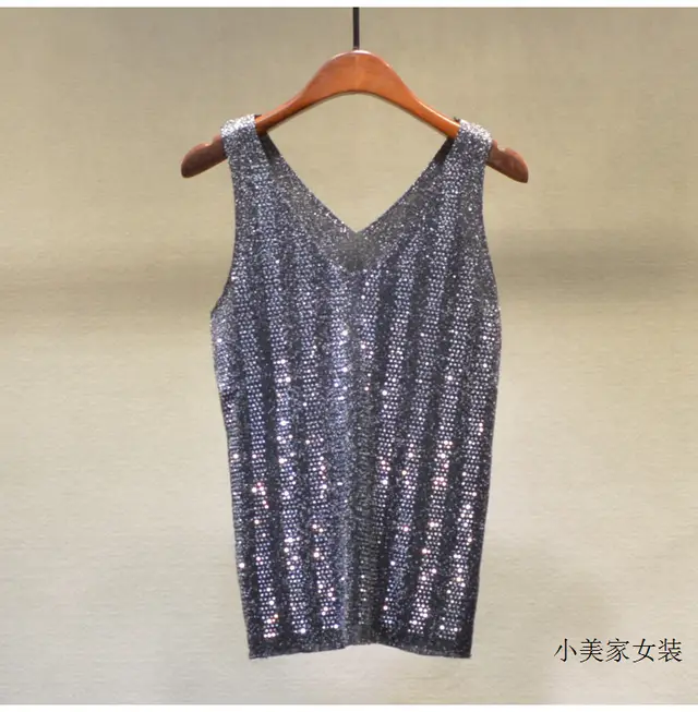 Ice Silk Silver String V neck Knitted Vest Black - Shop at LoveMi