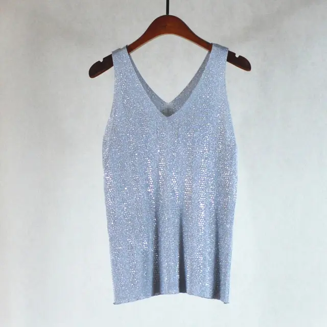 Ice Silk Silver String V neck Knitted Vest Gray - Shop at LoveMi