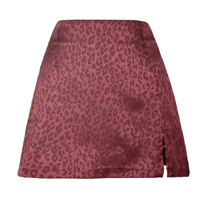 Women's Leopard Print High Waist Slit Short Skirt Jacquard Wine Red - Shop at LoveMi