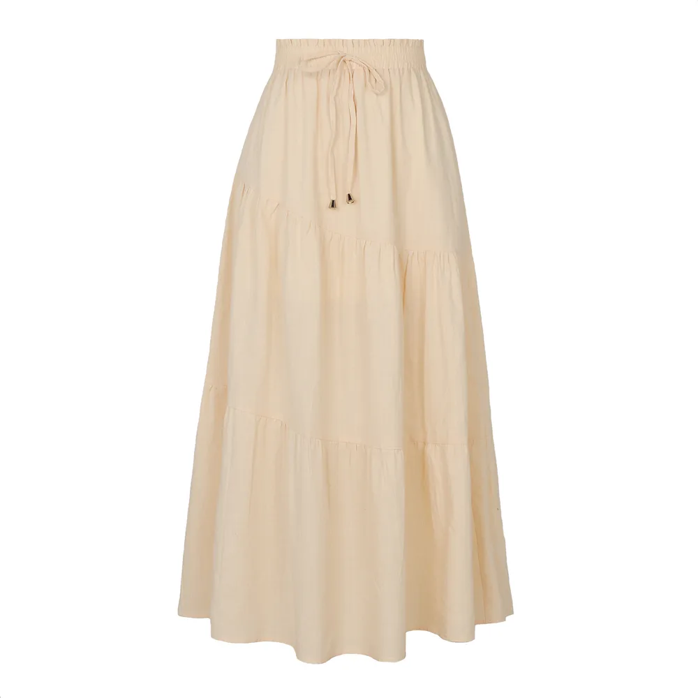 Women's High Waist Long Skirt Elastic Waist Beige - Shop at LoveMi