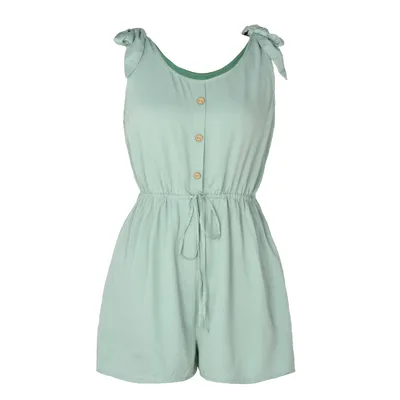 Women's Coconut Buckle Sleeveless Jumpsuit Lace up Green - Shop at LoveMi