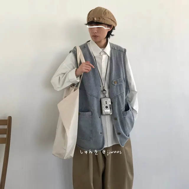 Retro Worn Looking Washed out Denim Frock Vest Neutral Street Style Monochrome - Shop at LoveMi