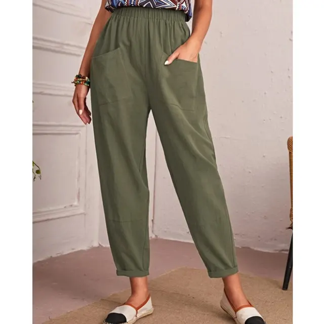 Women's Cotton Linen Elastic waist Casual Pants Army Green - Shop at LoveMi