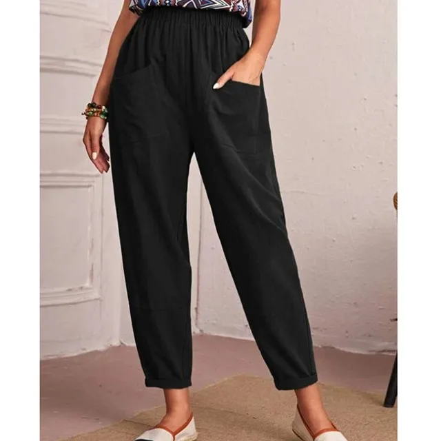 Women's Cotton Linen Elastic waist Casual Pants Black - Shop at LoveMi