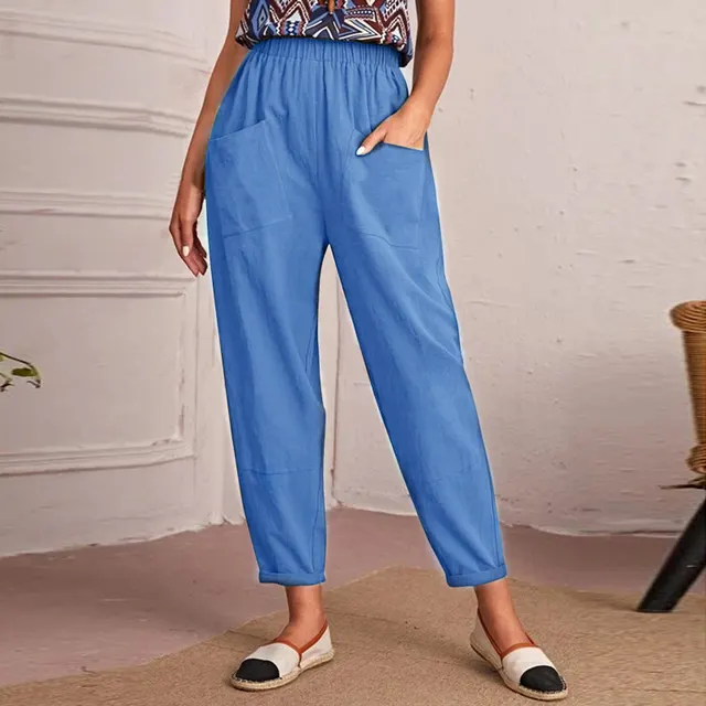 Women's Cotton Linen Elastic waist Casual Pants Denim Blue - Shop at LoveMi