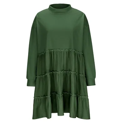 Women's Stitching Loose fitting Pleated Sweater Dress Dark Green - Shop at LoveMi