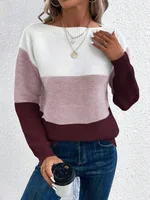 Pullover Knitted Sweater Fashion Round Neck Splicing Knitwear Loose Top Women's Clothing - Lotus Root Color