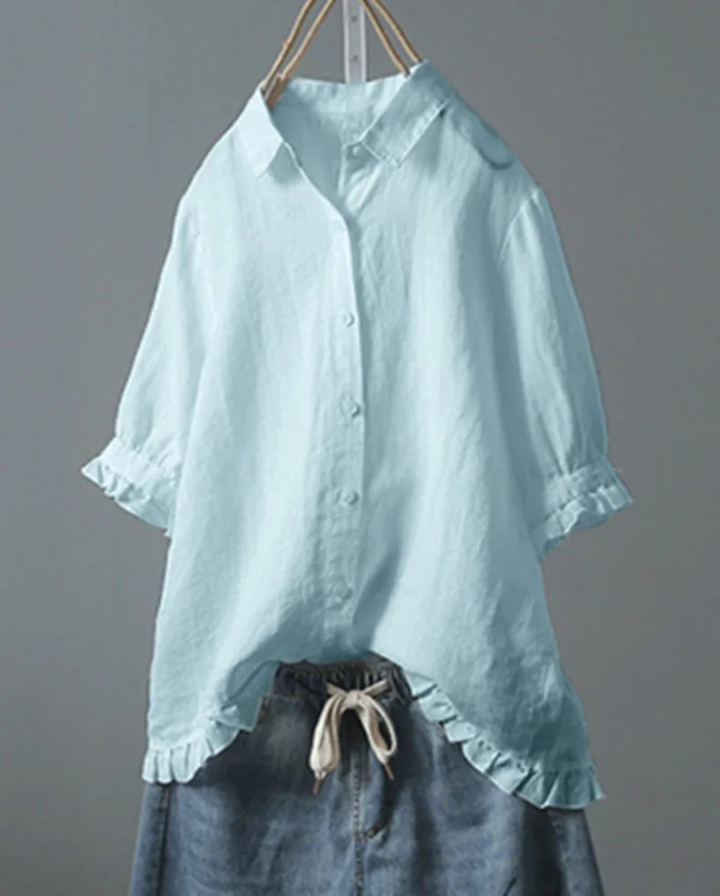 Women's Casual Single breasted Ruffled Shirt Sky Blue - Shop at LoveMi