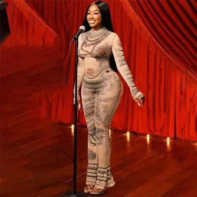 Autumn Women's Street Digital Printed Sexy Mesh See through Tight Jumpsuit Skin Color - Shop at LoveMi