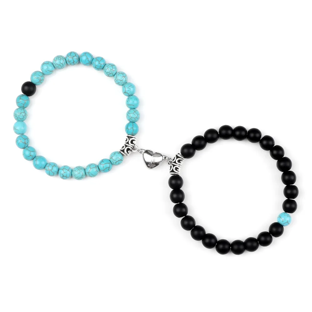 Turquoise Peach Heart Magnet Couple Design Bracelet - Light Blue Turquoise Matte - View 1