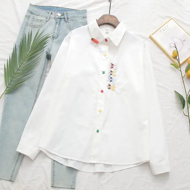 Women's Embroidered Rabbit Radish Shirt With Placket - Shop at LoveMi