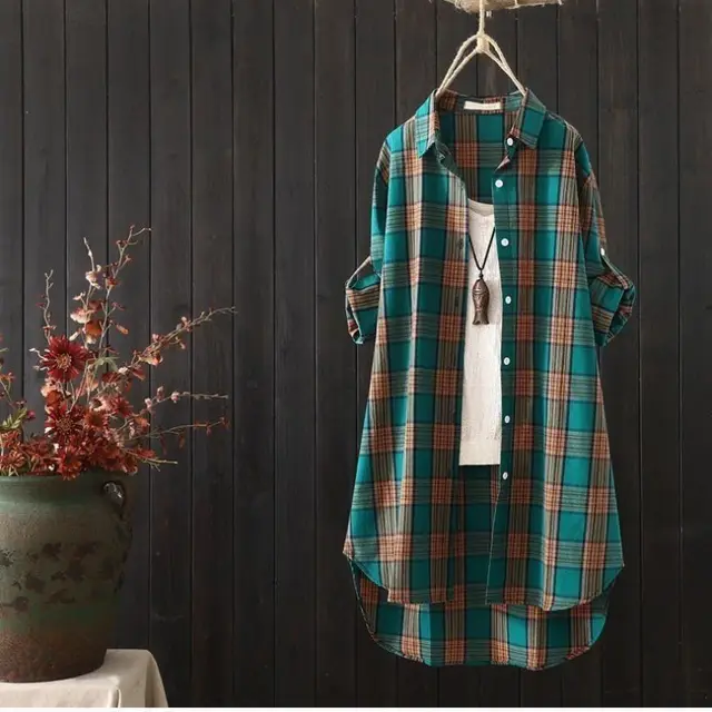 Women's Mid length Loose Long Sleeve Top Plaid Shirt Green - Shop at LoveMi