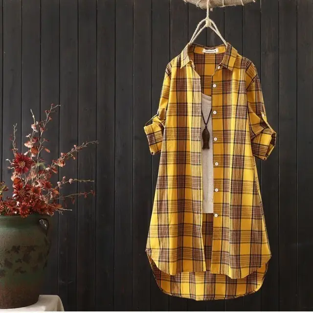 Women's Mid length Loose Long Sleeve Top Plaid Shirt Yellow - Shop at LoveMi