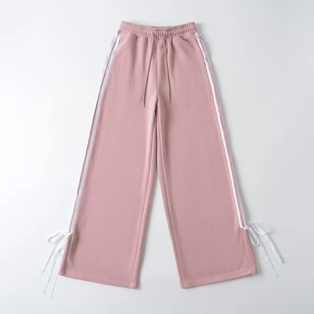Girls Shopping Casual Side White Stripe Bow Sweatpants Light Pink - Shop at LoveMi