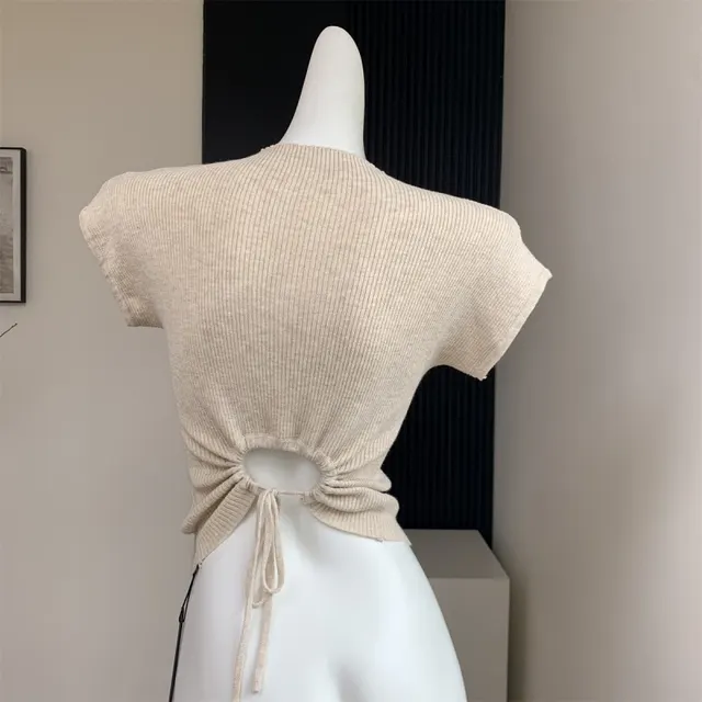 Back Strap Knitted Short sleeved T shirt Women's Slim fit Short Knitted Top Apricot - Shop at LoveMi
