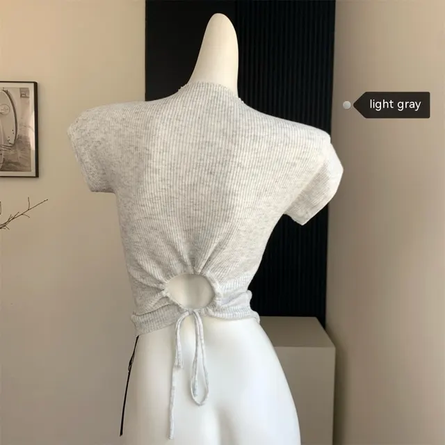 Back Strap Knitted Short sleeved T shirt Women's Slim fit Short Knitted Top Gray - Shop at LoveMi