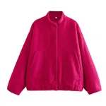 Loose Casual Street Stand Collar Pilot Buckle Jacket - Rose Red