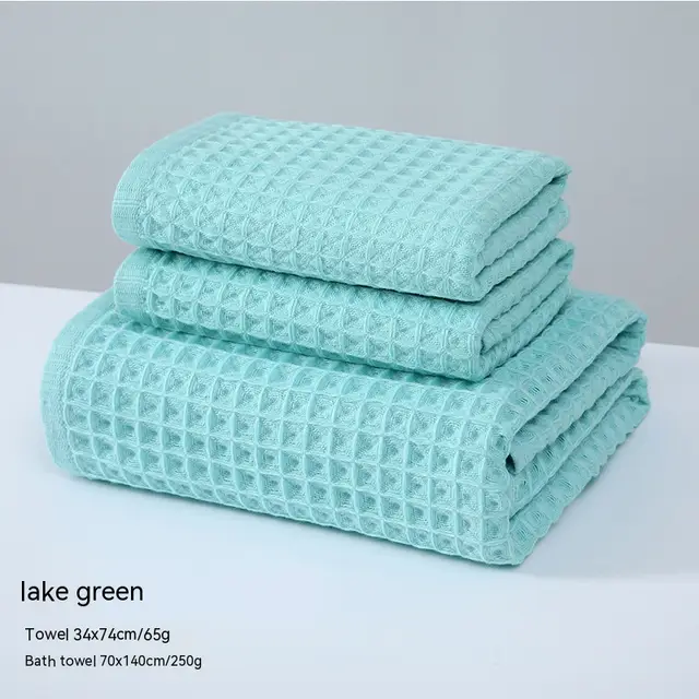 Pure Cotton Waffle Bath Towel Honeycomb Plain Water Absorption Bath Towel Lake Green - Shop at LoveMi