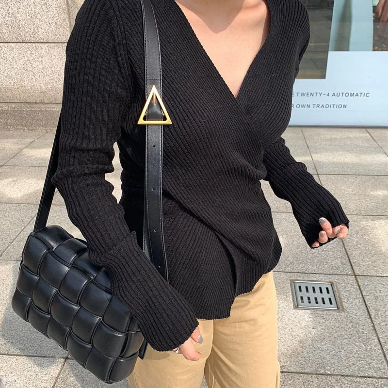 Autumn Elegant Slimming V neckline Cross Knitted Sweater For Women Black - Shop at LoveMi