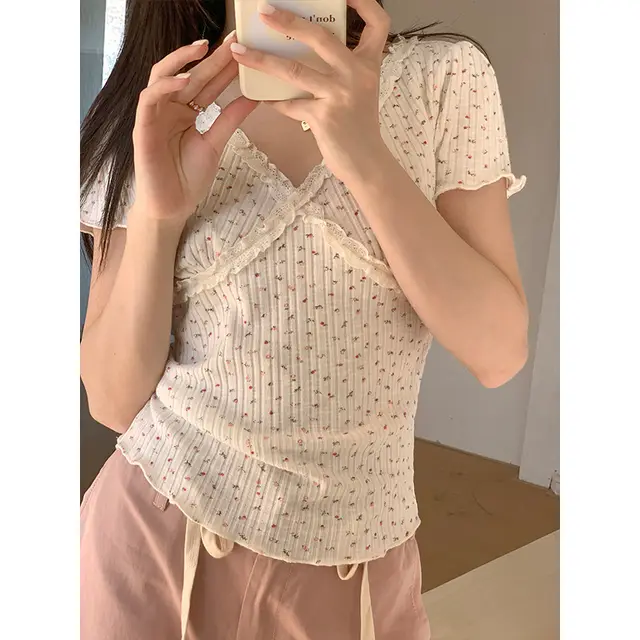 Women's Lace V neck Short sleeved T shirt Slim fit Crop top White Floral - Shop at LoveMi