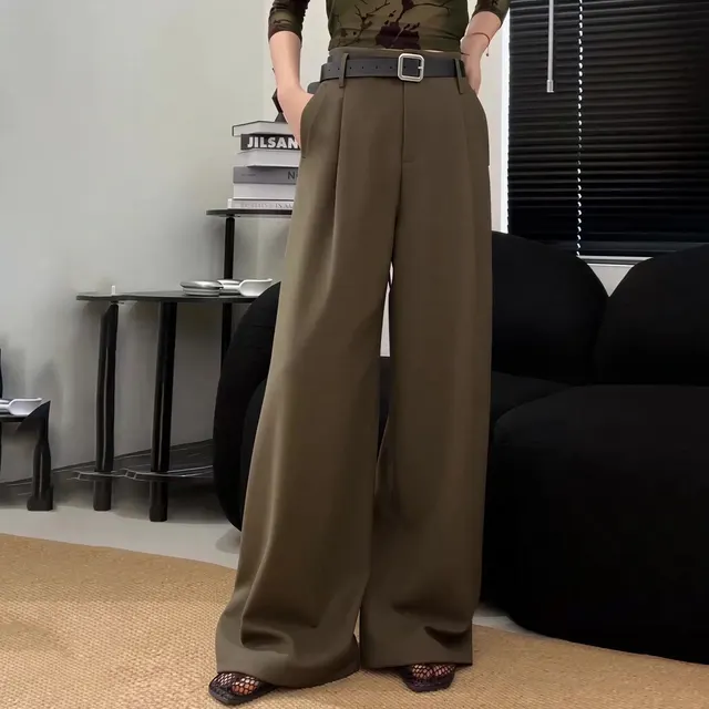 White High waist Trousers Fashion Loose Casual Pants Dark Brown - Shop at LoveMi