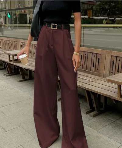 White High waist Trousers Fashion Loose Casual Pants Wine - Shop at LoveMi