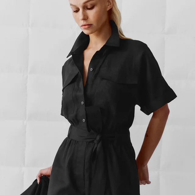 Women's Retro Short Sleeve Lapel Wide leg Pants Lace up Black - Shop at LoveMi