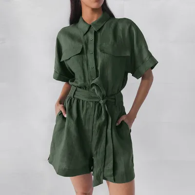 Women's Retro Short Sleeve Lapel Wide leg Pants Lace up Green - Shop at LoveMi