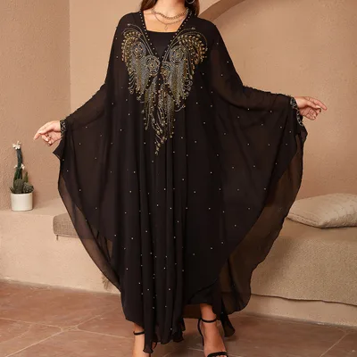 Muslim Style Rhinestone Beaded High Density Chiffon Cape And Shawl Black - Shop at LoveMi