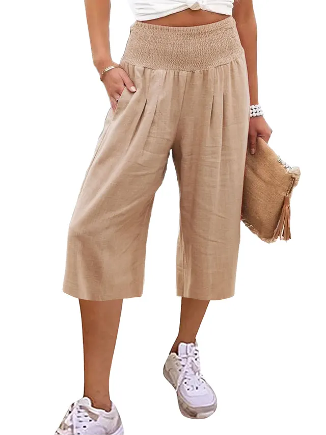 Women's Cotton And Linen Cropped Thin Casual Wide leg Pants Khaki - Shop at LoveMi
