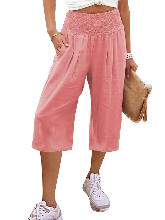 Women's Cotton And Linen Cropped Thin Casual Wide leg Pants Pink - Shop at LoveMi