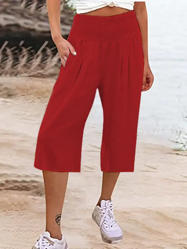 Women's Cotton And Linen Cropped Thin Casual Wide leg Pants Watermelon Red - Shop at LoveMi