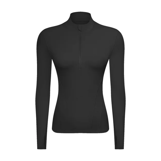 Double sided Nylon Half Zipped Stand Collar Yoga Jacket Women's Stretch Tight fitting Cinched Slimming Sports Jacket Black - Shop at LoveMi