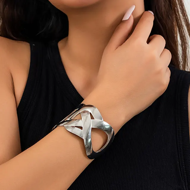 Ornament Personality Trend 8 word Buckle Cross Simple Wide Surface Hollow Metal Bracelet White K2205 - Shop at LoveMi