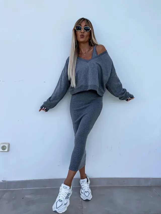 Spring And Autumn Women's Vest Skirt V neck Sweatshirt Sweater Set Grey - Shop at LoveMi