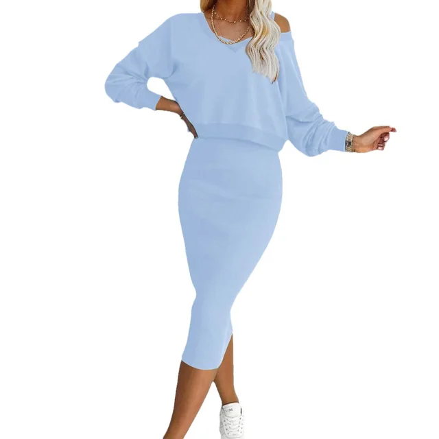 Spring And Autumn Women's Vest Skirt V neck Sweatshirt Sweater Set Light Blue - Shop at LoveMi