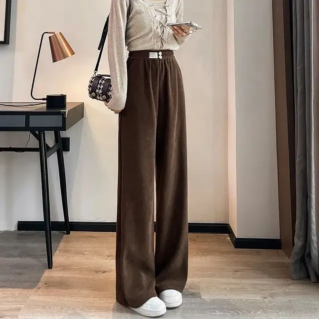 Thick Lambskin Women's Wide leg Pants Autumn And Winter Loose Brown Without Velvet - Shop at LoveMi