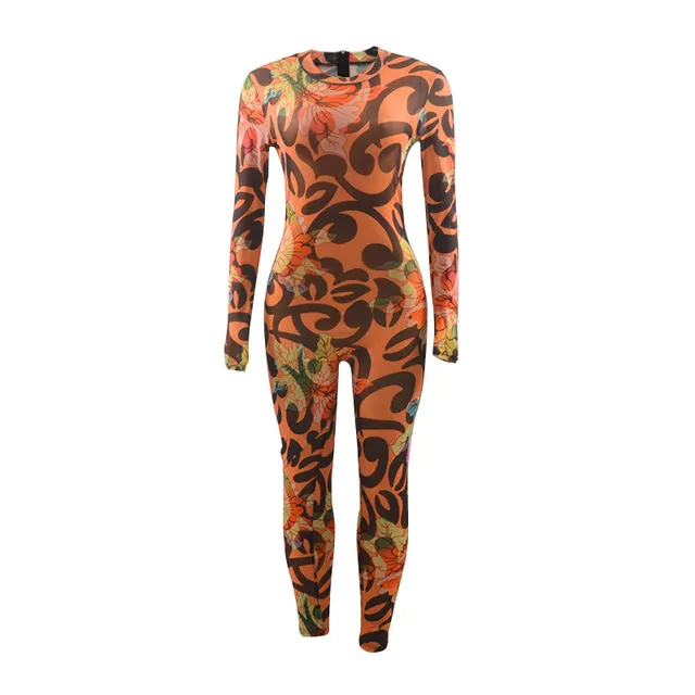 Retro Printed High Elastic Skinny Mesh Jumpsuit Color - Shop at LoveMi